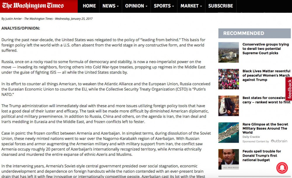 “The Washington Times” Ermənistanın Azərbaycana təcavüzündən yazıb