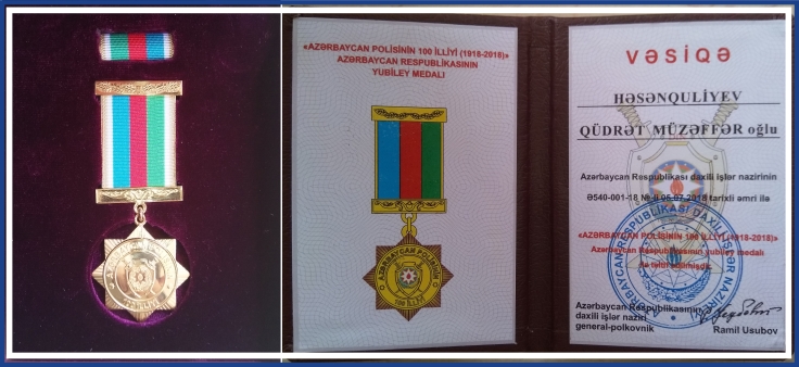 Qüdrət Həsənquliyev “Azərbaycan Polisinin 100 illiyi (1918-1920)” yubiley medalı ilə təltif edilib