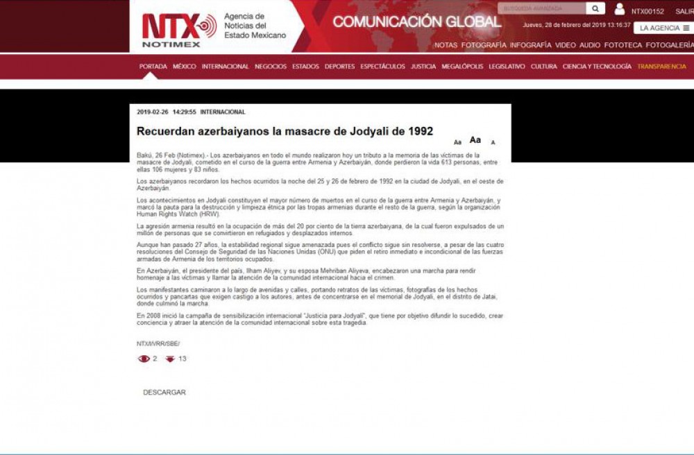 Xocalı Soyqırımı Meksika mediasında