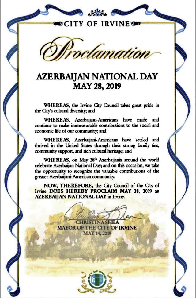 Kaliforniyanın Örvayn şəhərində 28 may “Azərbaycan Milli Günü” elan edilib
