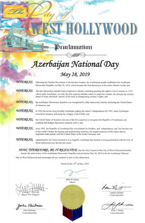 ABŞ-ın Qərbi Hollivud şəhərində 28 may “Azərbaycan Milli Günü” kimi qeyd edilib