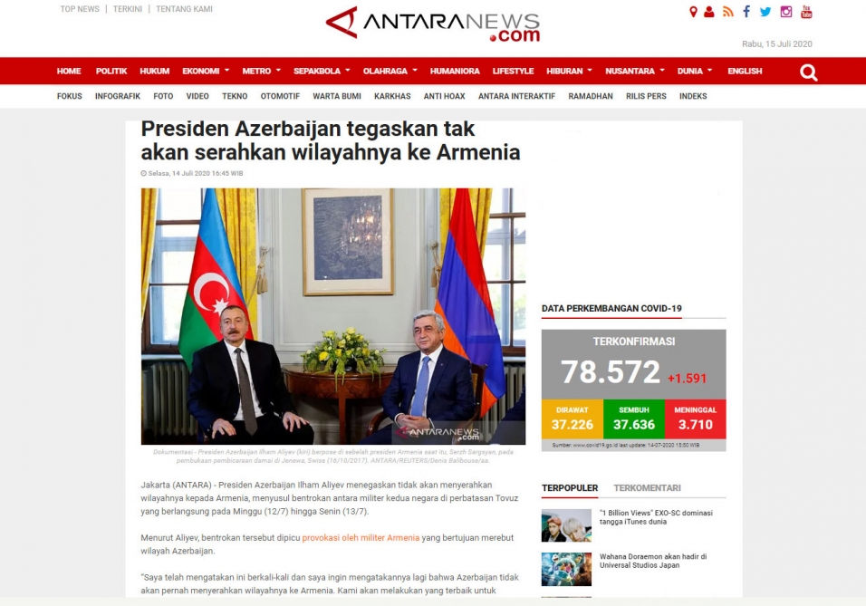 ANTARA agentliyi: Azərbaycan Prezidenti Ermənistanı sərhəddə qarşıdurma yaratmaqda ittiham edir