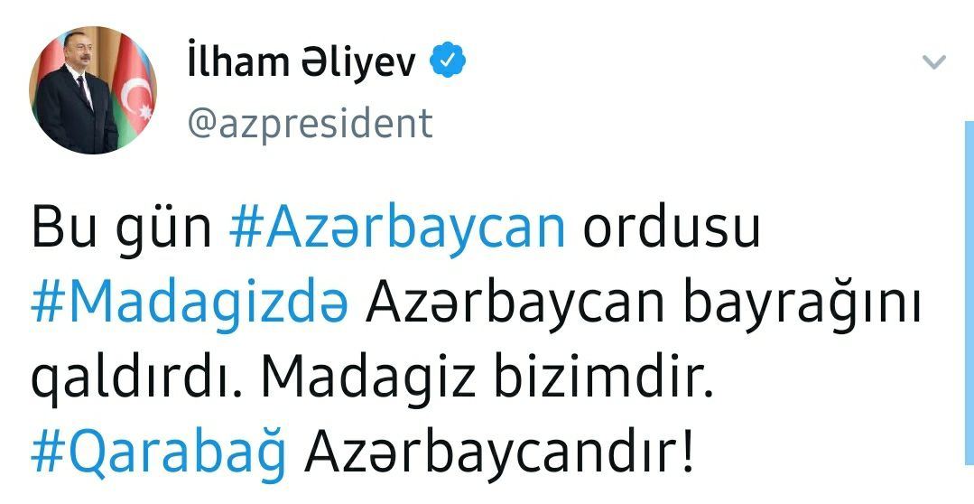 Prezident İlham Əliyev: Bu gün Azərbaycan ordusu Madagizdə Azərbaycan bayrağını qaldırdı