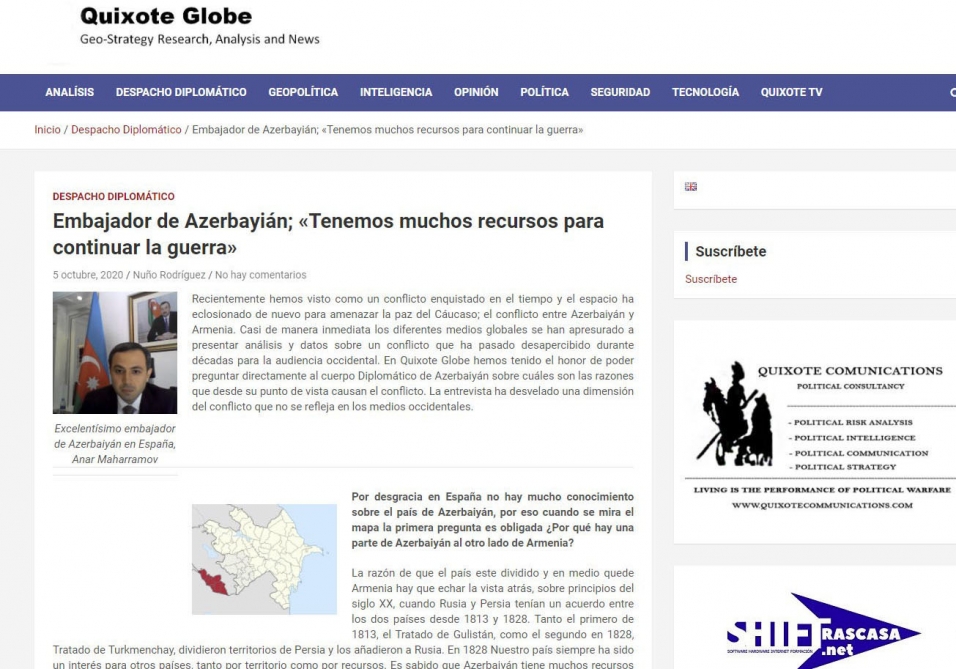 İspaniyanın “Quijote Globe” internet səhifəsində Azərbaycanın İspaniyadakı səfirinin müsahibəsi dərc olunub