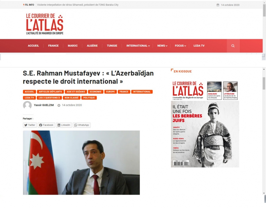 “Le Courrier de l’Atlas”: Ermənistan humanitar atəşkəsə də riayət etmədi və mülki insanları raket atəşinə tutdu