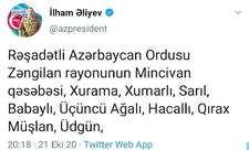 Prezident İlham Əliyev: Zəngilan rayonunun bir neçə yaşayış məntəqəsi işğaldan azad edilib