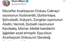 Prezident İlham Əliyev: Cəbrayıl, Zəngilan və Qubadlı rayonunun daha bir neçə kəndi işğaldan azad edilib