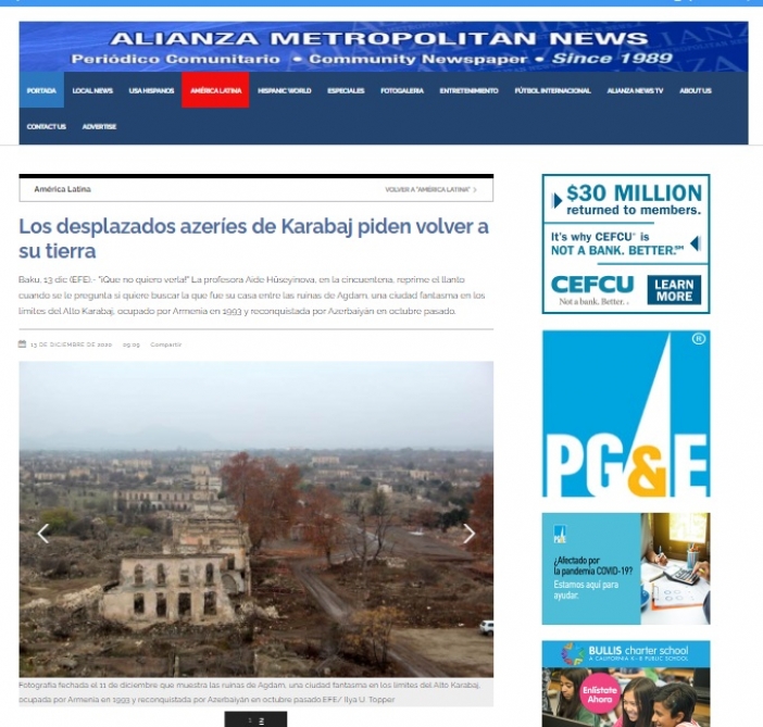 “Alianza Metropolitan News” qəzeti azərbaycanlı köçkünlərin öz doğma yurdlarına qayıtmaq arzularından yazır