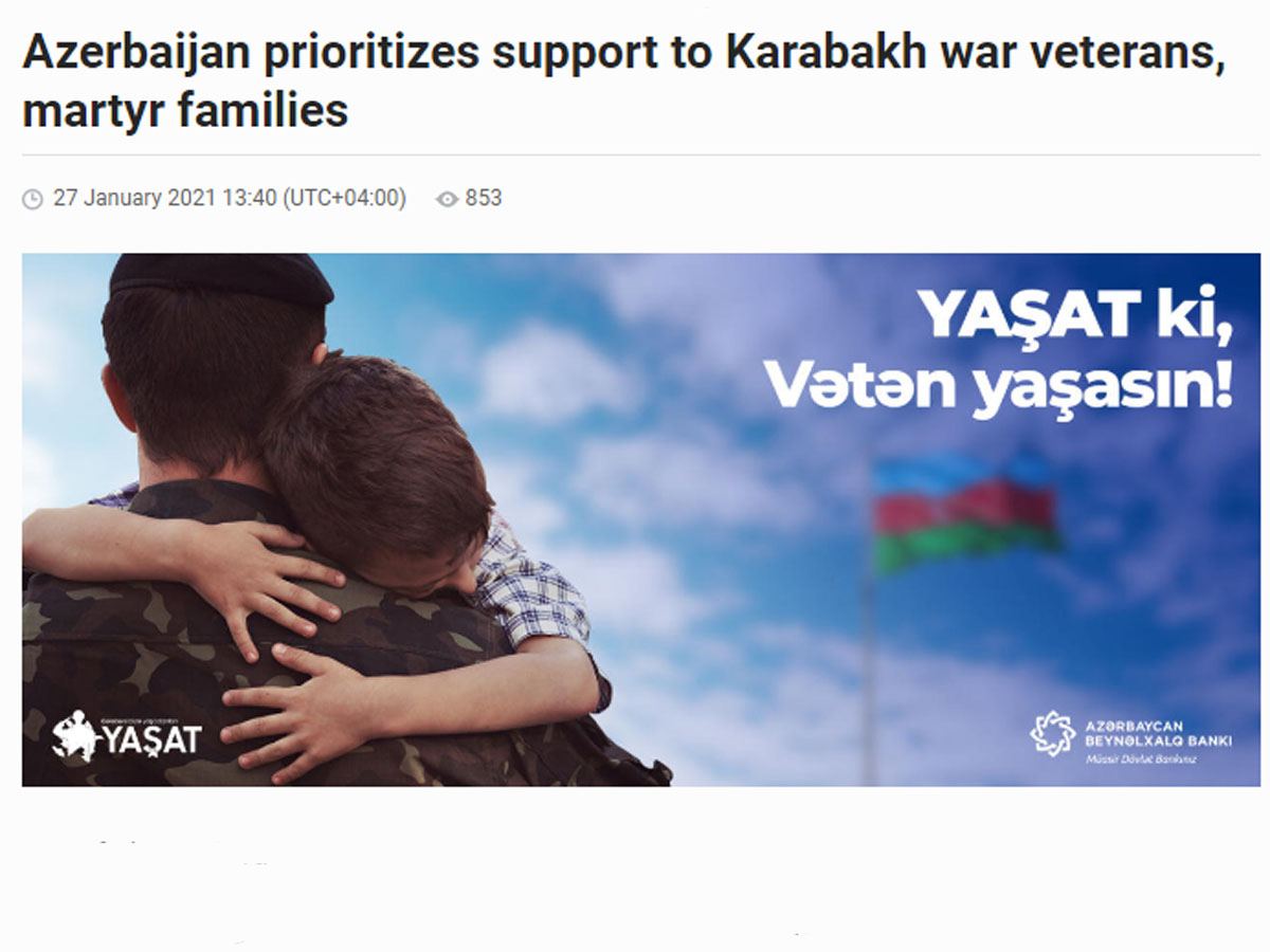 Azərbaycan üçün müharibə veteranlarına, şəhid ailələrinə dəstək prioritetdir - "Azernews" qəzeti