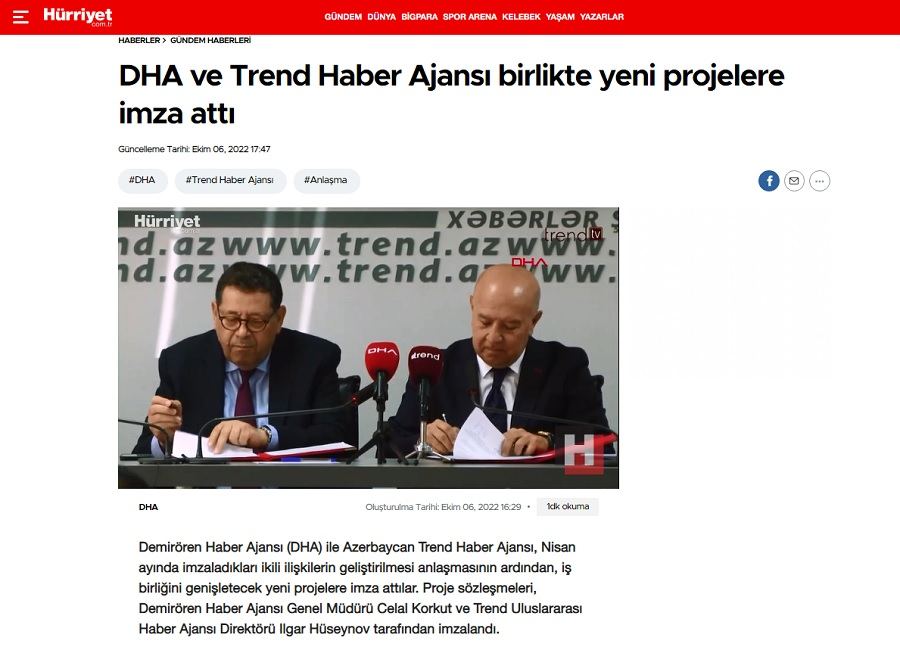 Türkiyənin "Hürriyet" qəzeti DHA və Trend BİA-nın birgə yeni layihələrindən yazdı