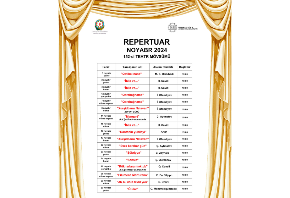 Dram Teatrının noyabr repertuarı məlum olub