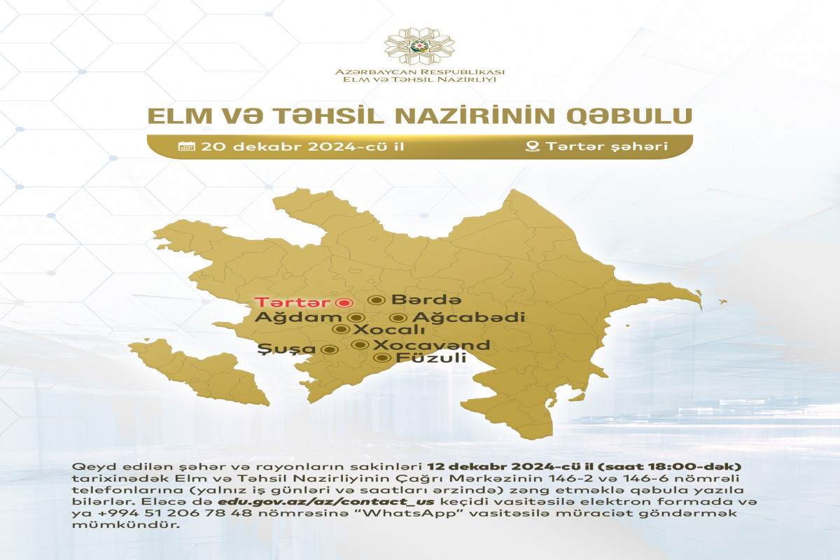 Elm və təhsil naziri Tərtərdə vətəndaşları qəbul edəcək