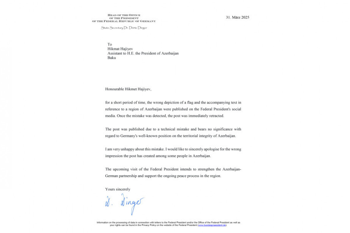 Almaniya Prezidenti Administrasiyası bu ölkənin Prezidentinin sosial media profilində yerləşdirilmiş postla bağlı Azərbaycan tərəfinə üzrxahlıq edib