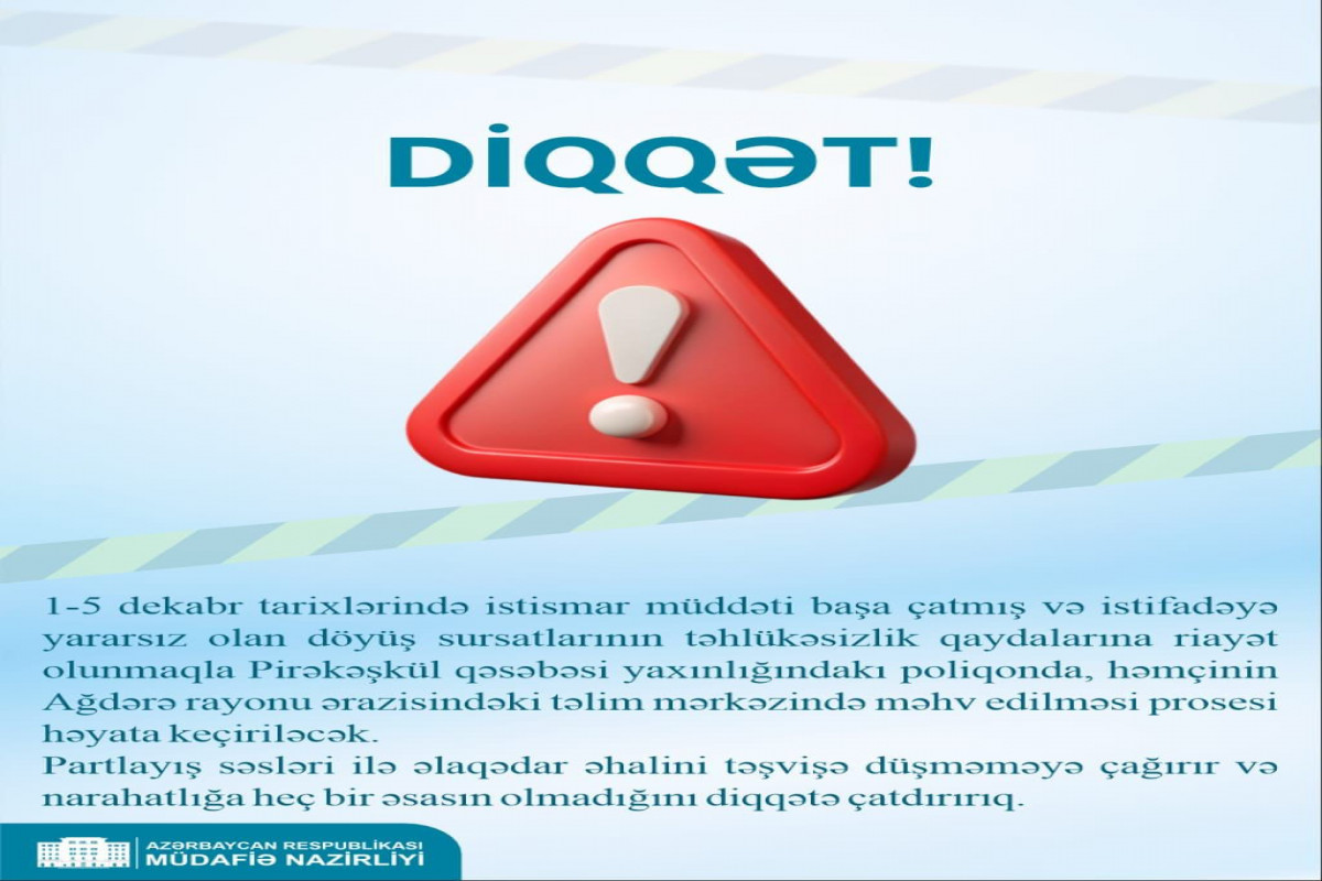 Pirəkəşkül və Ağdərədə istifadəyə yararsız döyüş sursatları məhv ediləcək