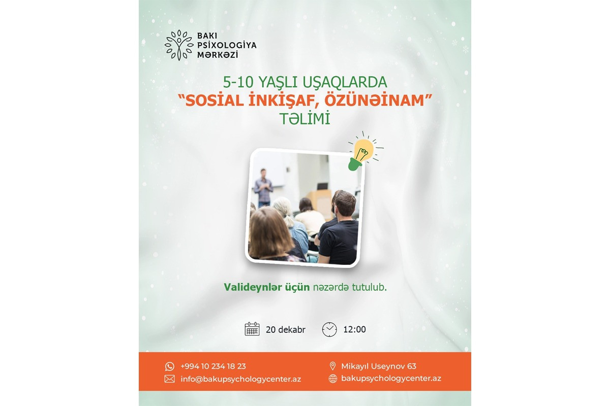 “5-10 yaşlı uşaqlarda sosial inkişaf və özünəinam” təlimi keçiriləcək