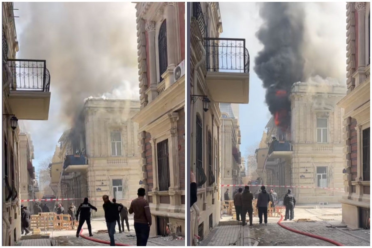 Bakının mərkəzində binada yanğın başlayıb - FOTO