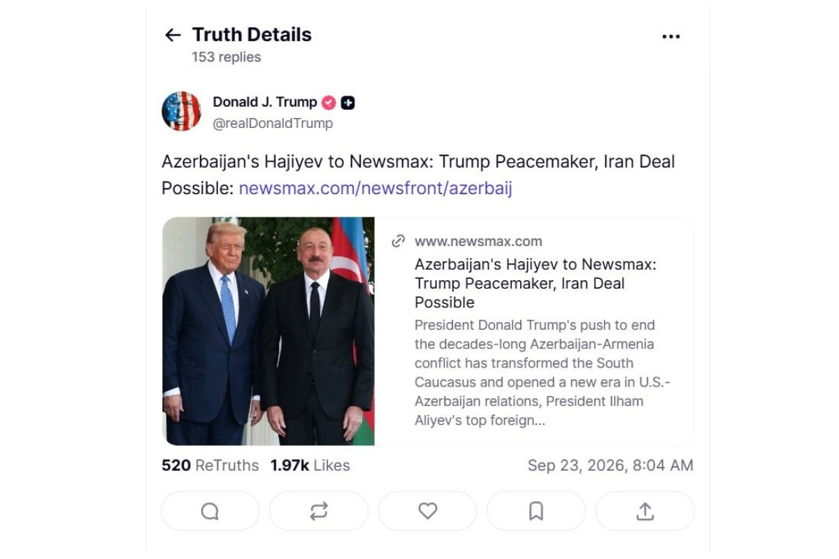 Tramp Hikmət Hacıyevin "Newsmax"a müsahibəsini paylaşıb